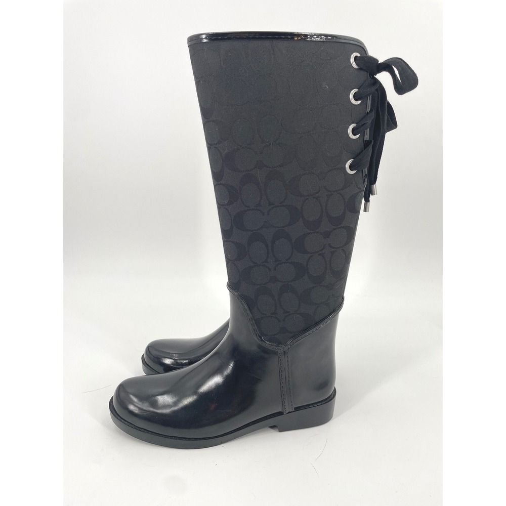 Coach Rain Boots Womens 8 Black Rubber Canvas Monogram Lace Up Tall Luxury